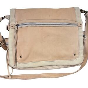 Fossil Leather & Canvas Beige Satchel Messenger Bag Crossbody Laptop Unisex